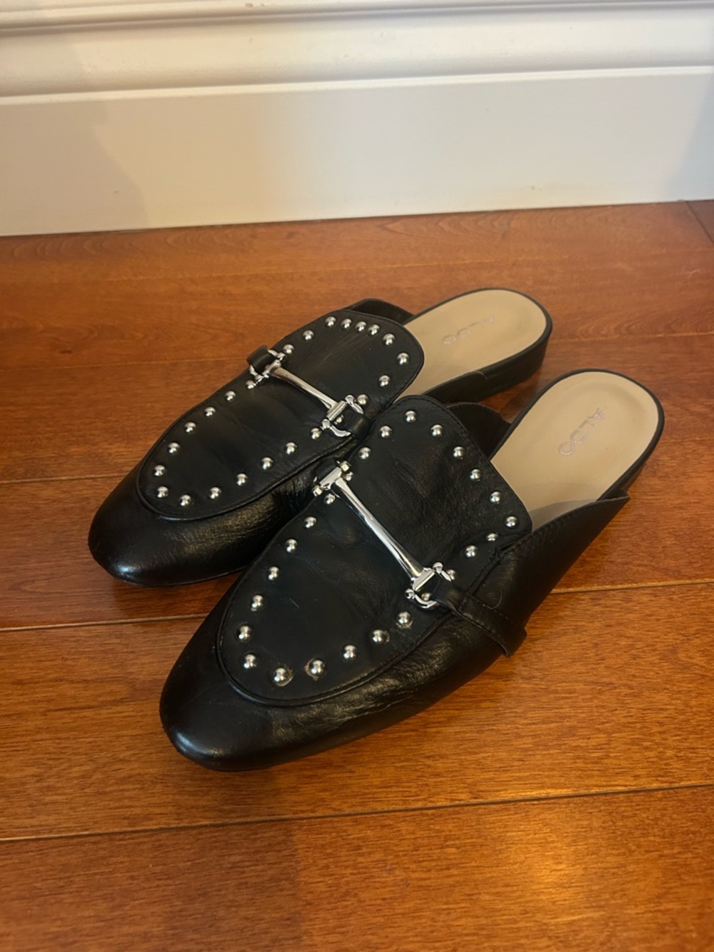 Aldo Black Leather Studded Backless Mules with Silver Hardware❤️9